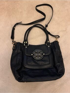 Vintage Tory Burch Black Pebbled Leather Logo Shoulder Bag